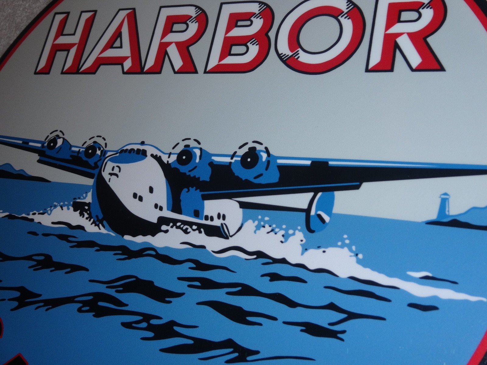 VINTAGE HARBOR GASOLINE AIRPLANE SEAPLANE 11 3/4″ PORCELAIN METAL GAS & OIL SIGN