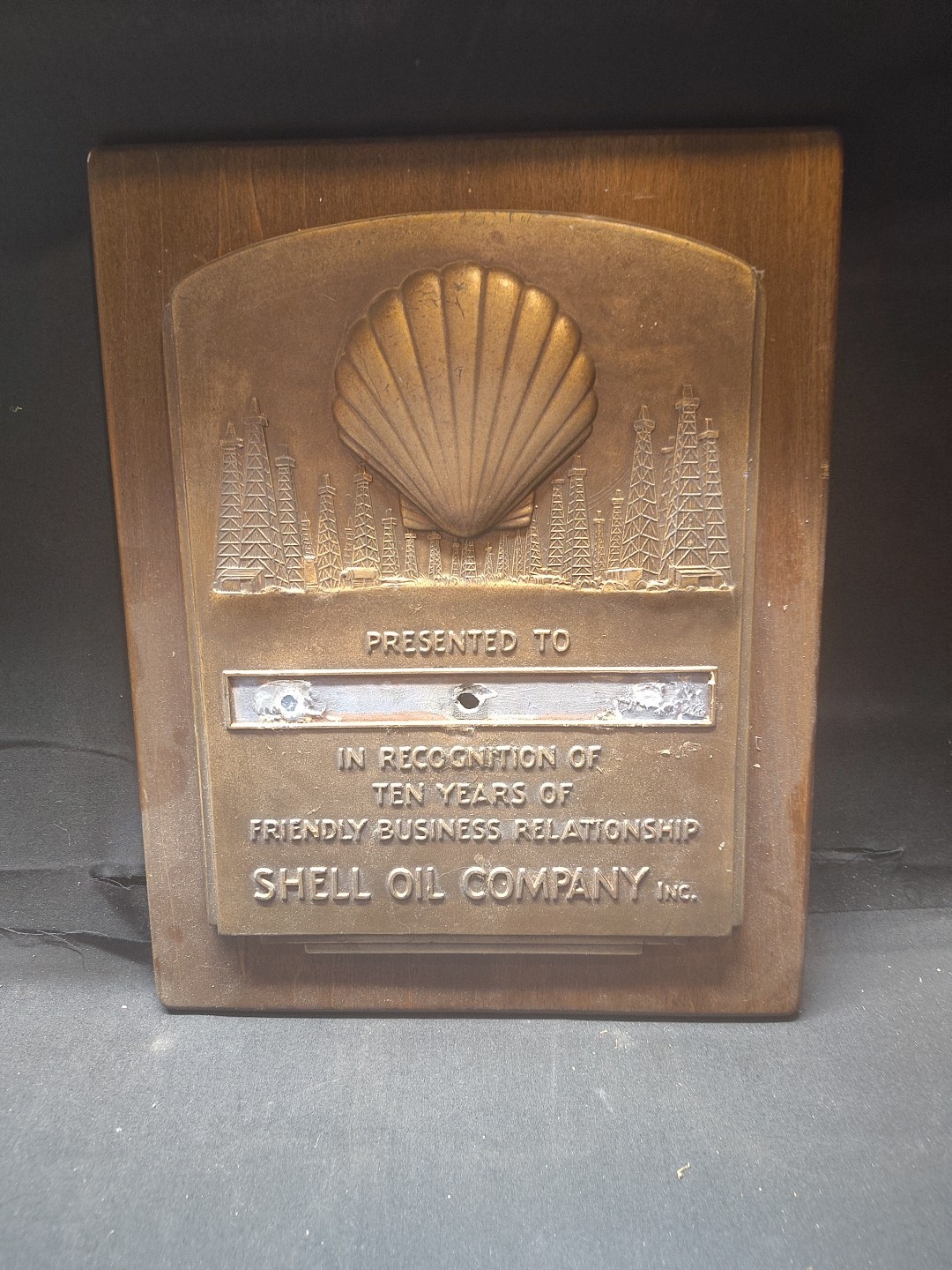 Vintage Shell Gasoline Dealer Award Brass Plaque No Name Badge