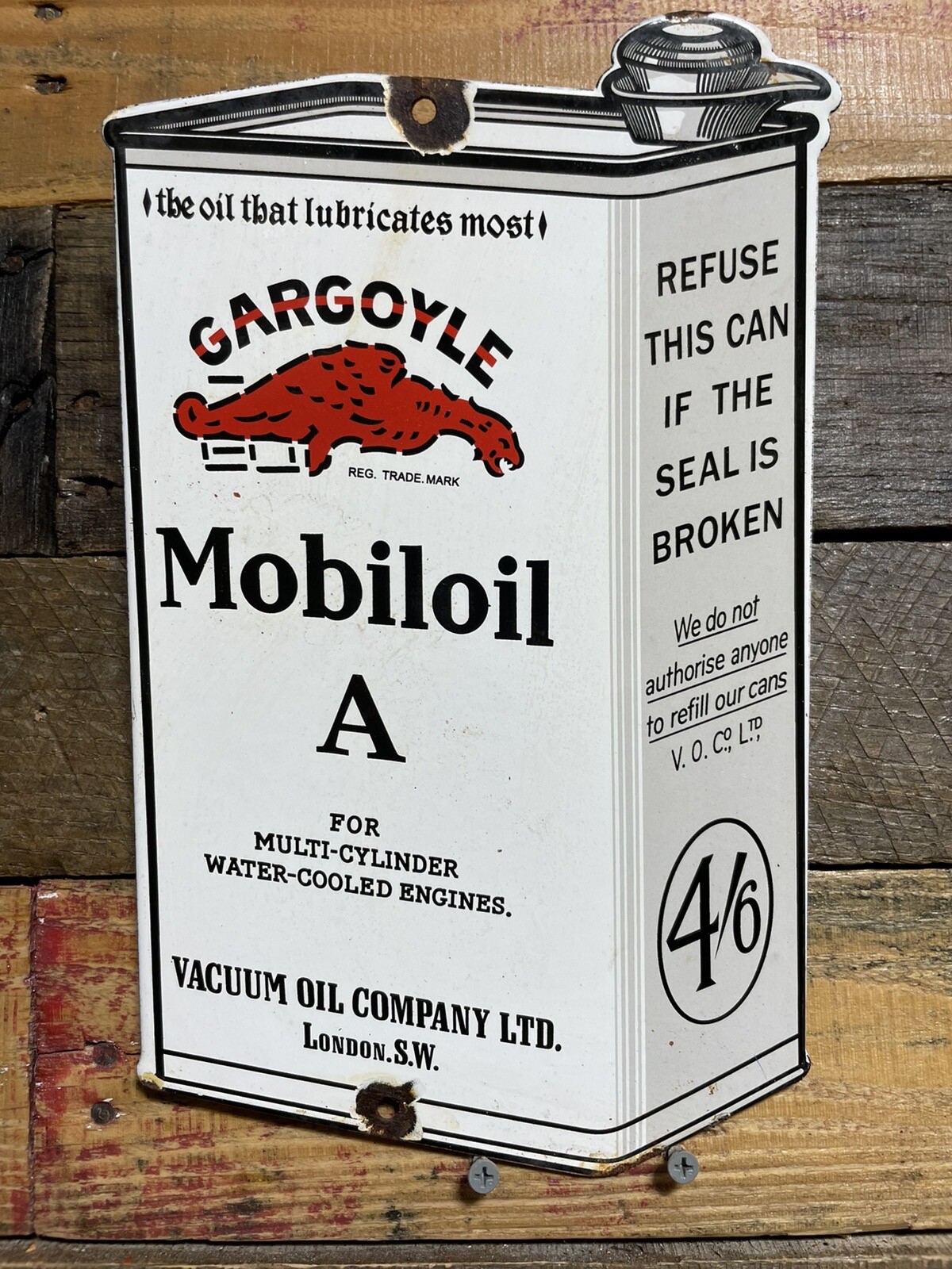 VINTAGE PORCELAIN MOBIL SIGN GARGOYLE MOTOR OIL GAS PETROLEUM CAN SERVICE DEALER