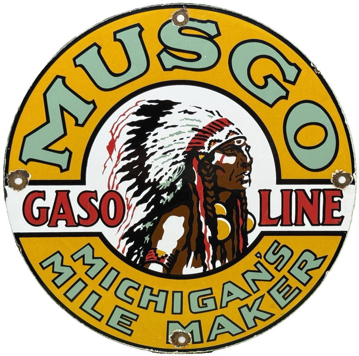 VINTAGE MUSGO GASOLINE PORCELAIN SIGN GAS STATION PUMP MOTOR OIL SERVICE