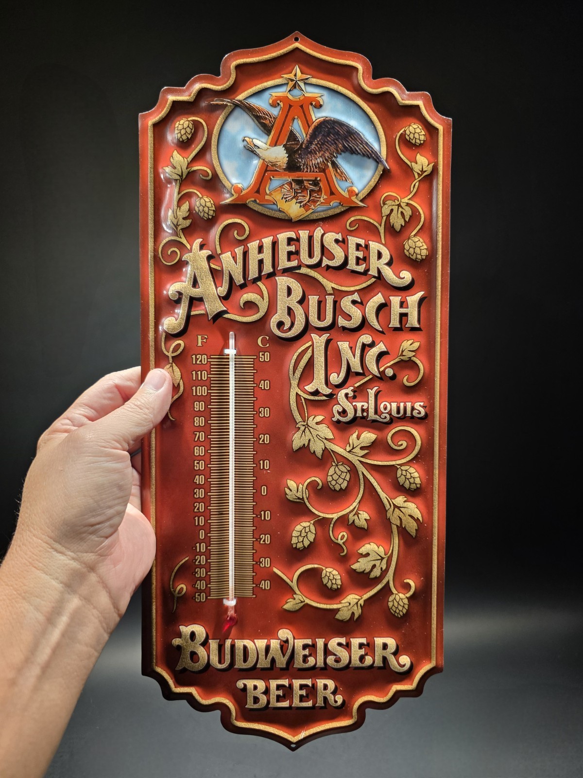 Metal Vintage Style Anheuser Busch Budweiser Wall Thermometer Sign