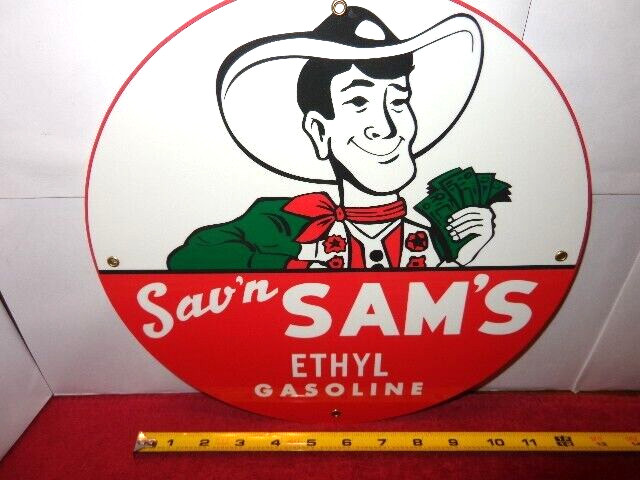 VINTAGE 11 1/2 in SAV`N SAM`S ETHYL GAS. ADV. SIGN HEAVY METAL PORCELAIN # S 128