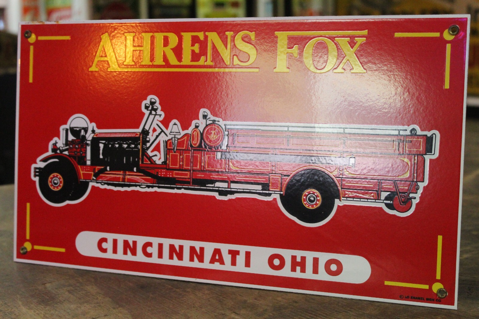 RARE VINTAGE AHERNS FOX FIRE ENGINE TRUCKS CINCINNNATI OHIO PORCELAIN METAL SIGN