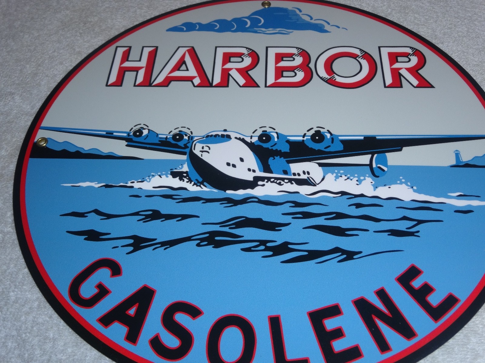 VINTAGE HARBOR GASOLINE AIRPLANE SEAPLANE 11 3/4″ PORCELAIN METAL GAS & OIL SIGN
