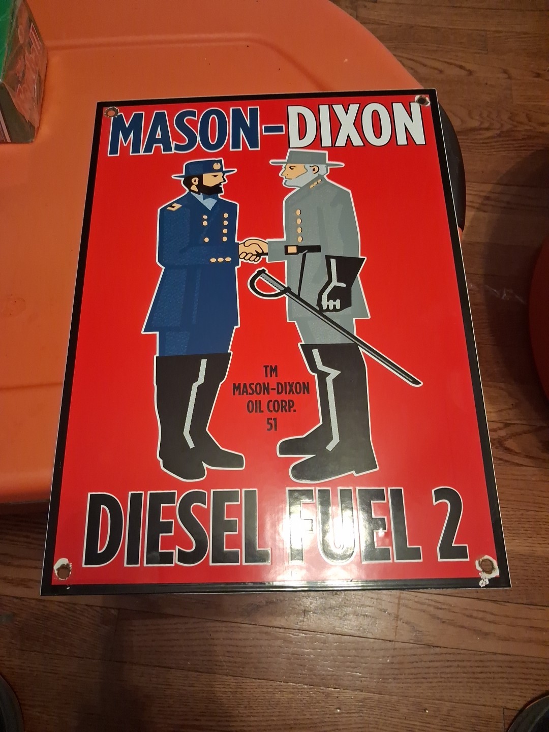 1953 MASON-DIXON DIESEL FUEL 2 GASOLINE PORCELAIN SIGN 15″x11″