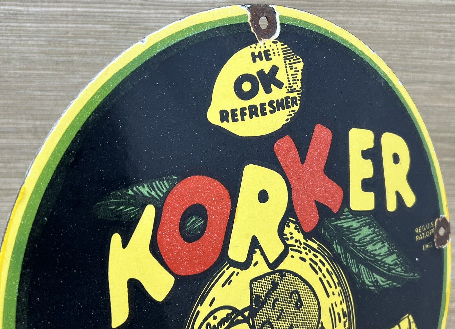 VINTAGE DRINK KORKER PORCELAIN SIGN SODA POP GAS OIL 7UP PEPSI COCA COLA DEW