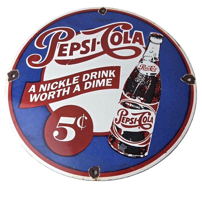 Vintage Pepsi-Cola Porcelain Sign – 5 Cent Bottle Soda Advertising Gas Sign