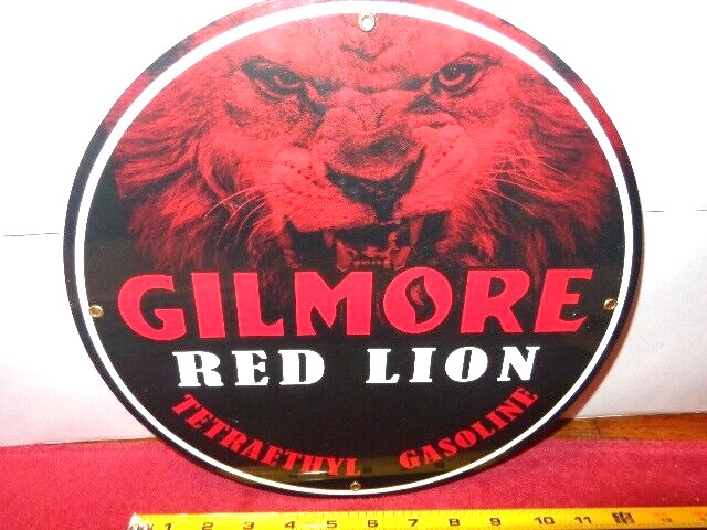 11 1/2 in GILMORE RED LION GAS. ADV. SIGN HEAVY DIE CUT METAL PORCELAIN # S 129