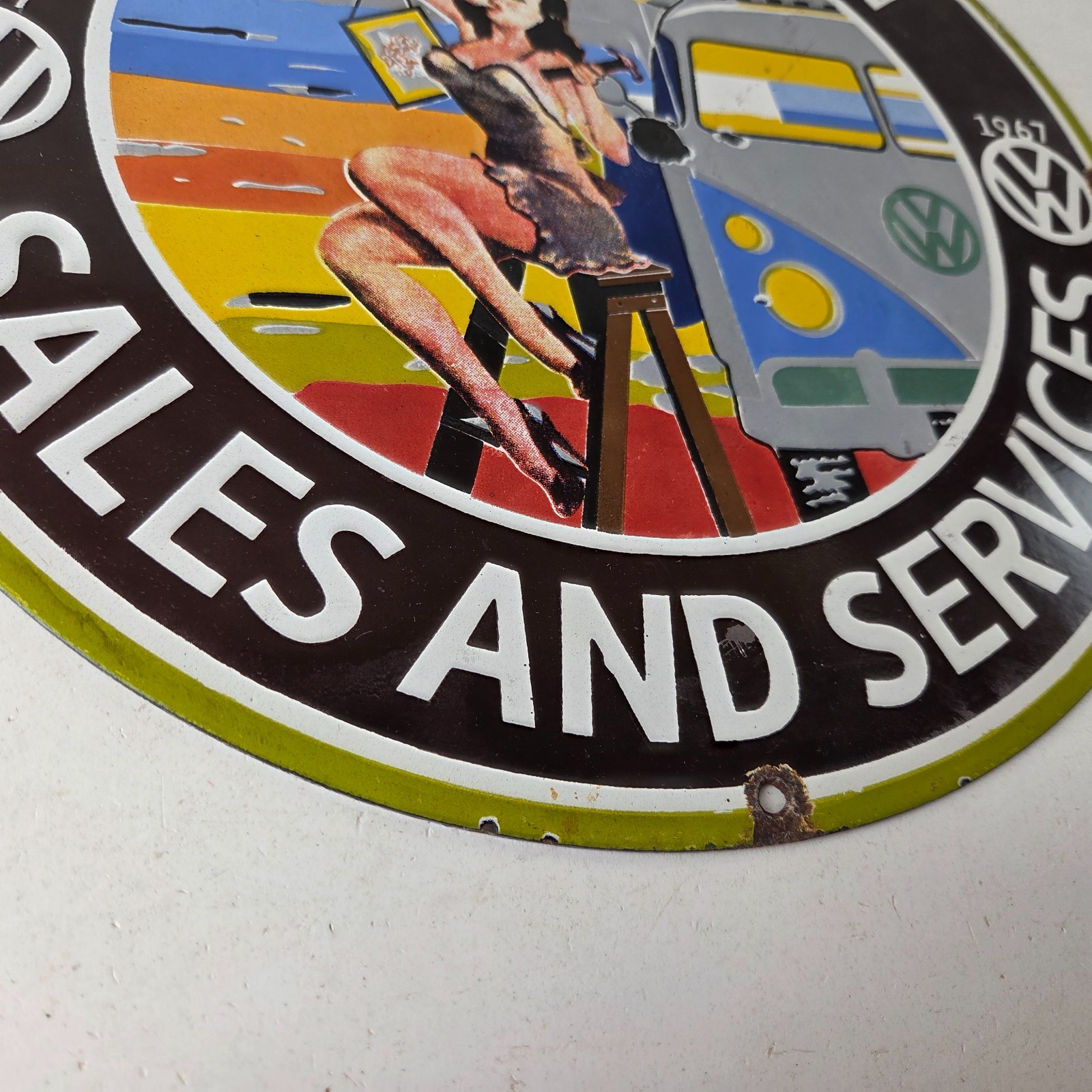 Vintage Volkswagen Sign – Sales Dealership VW Automobile Gas Pump Porcelain Sign