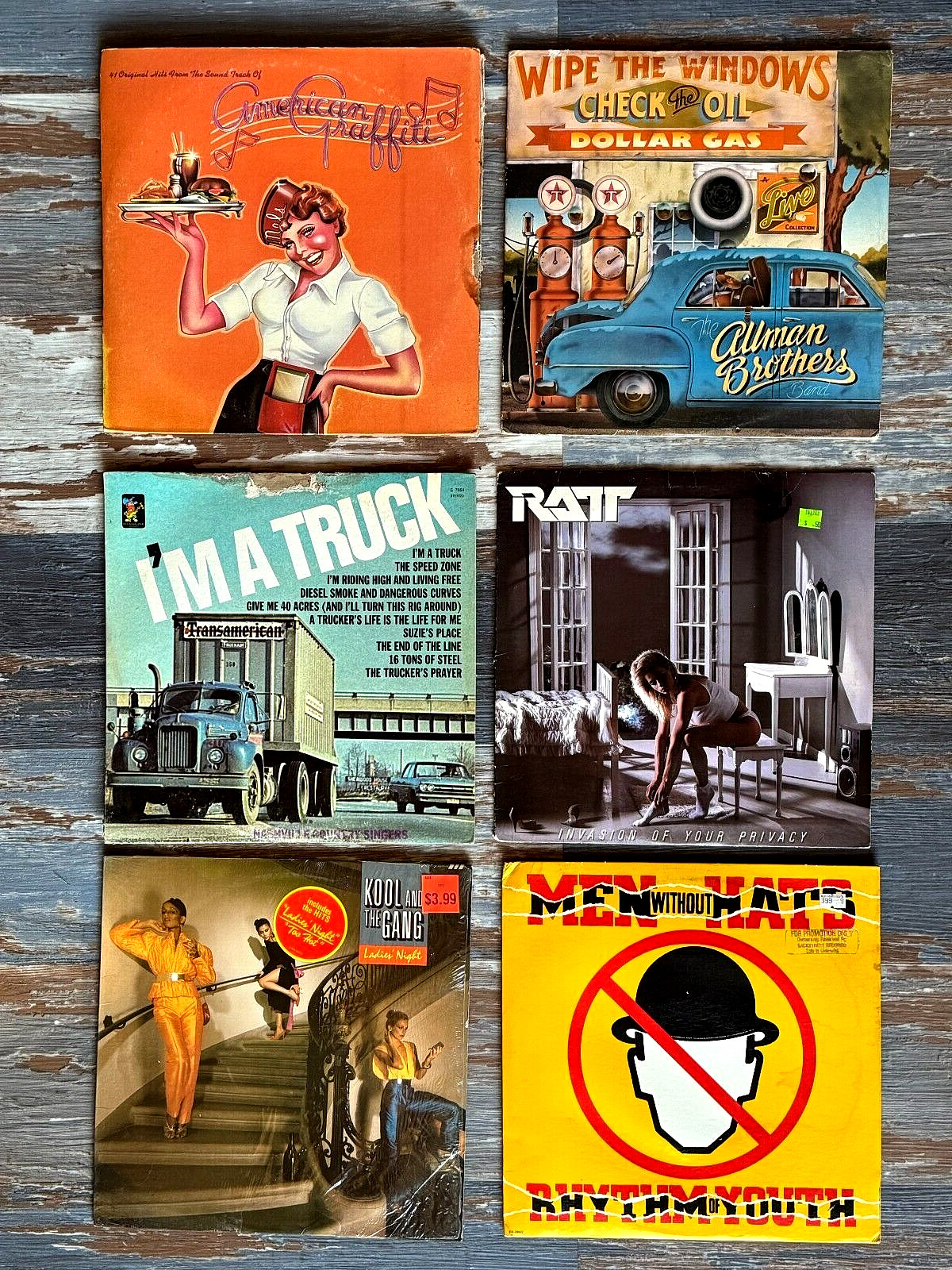 6 Vintage vinyl LP Record Job Lot Ratt, I’m a Truck,American graffiti, Men w/Hat