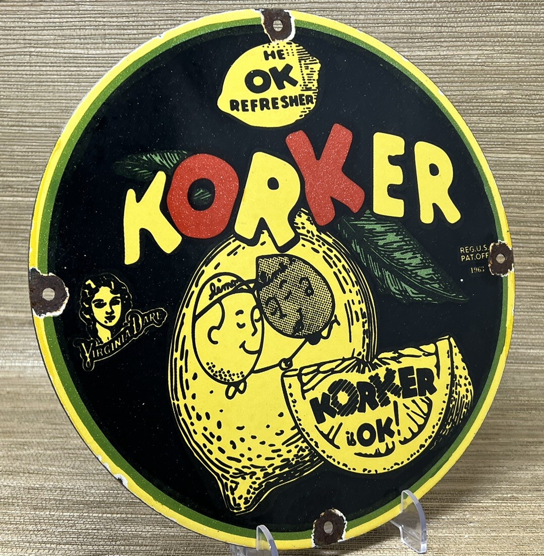 VINTAGE DRINK KORKER PORCELAIN SIGN SODA POP GAS OIL 7UP PEPSI COCA COLA DEW
