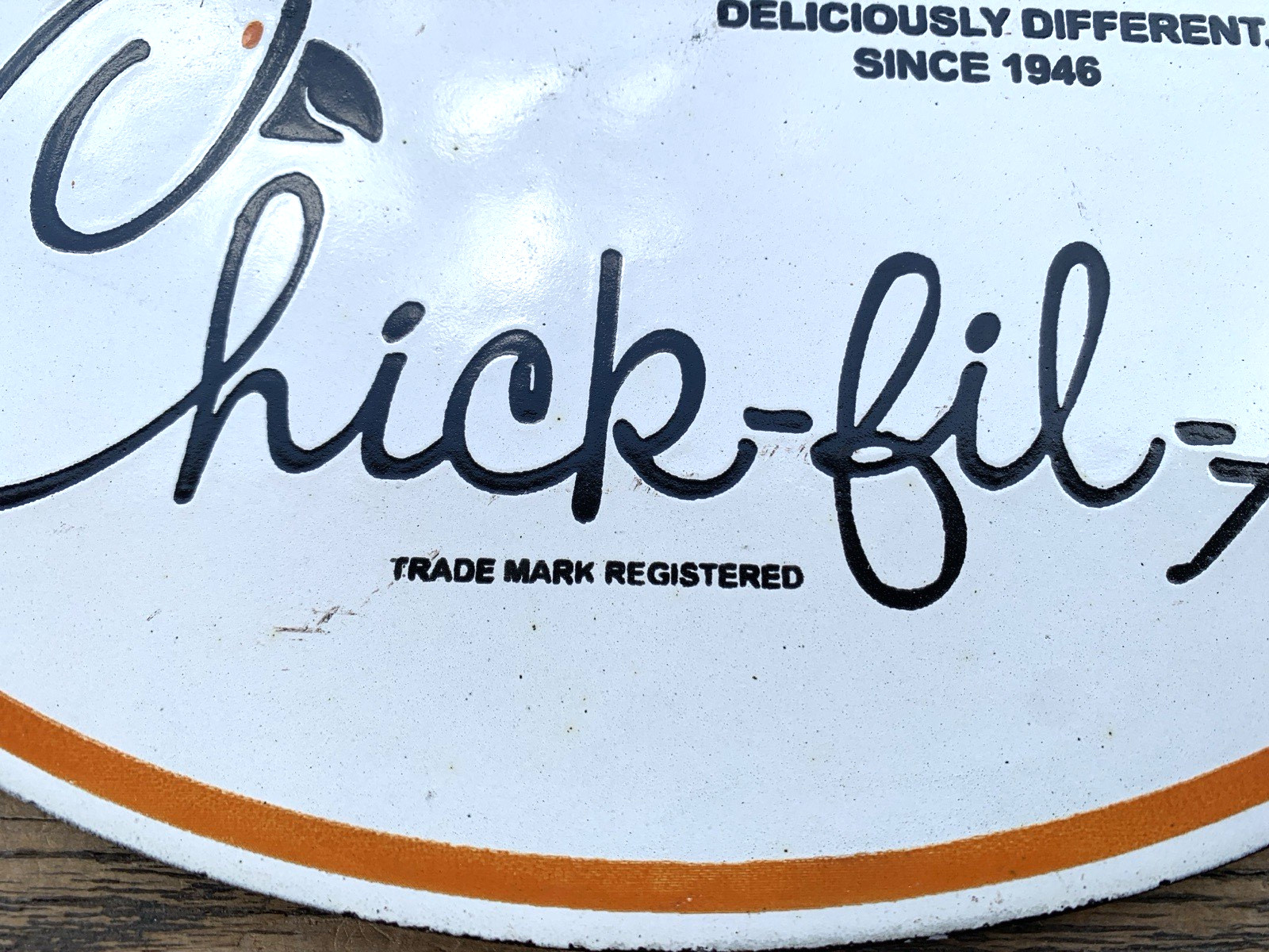 VINTAGE CHICK-FIL-A 10×6.5″ FAST FOOD SODA POP GASOLINE PORCELAIN MOTOR OIL SIGN