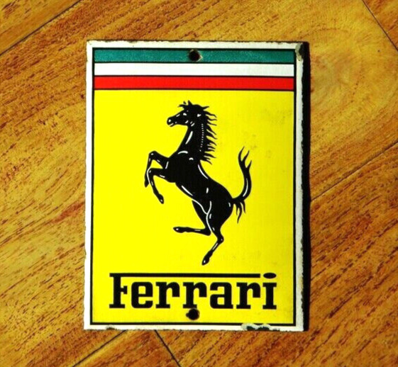 VINTAGE FERRARI PORCELAIN SIGN 4-3/4″ x 3-1/2″ ENZO OIL TESTAROSSA GAS F40 DINO