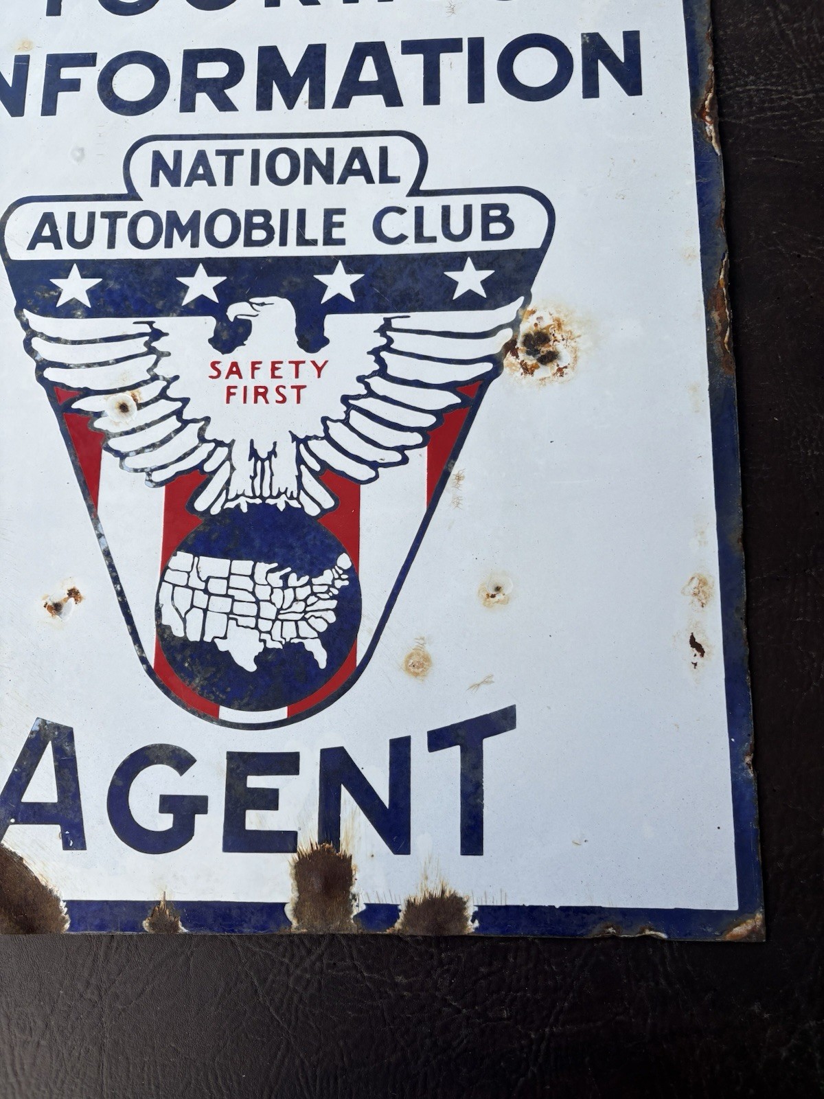 RARE 1930s-40s PORCELAIN NATIONAL AUTOMOBILE CLUB TOURING INFORMATION AGENT SIGN