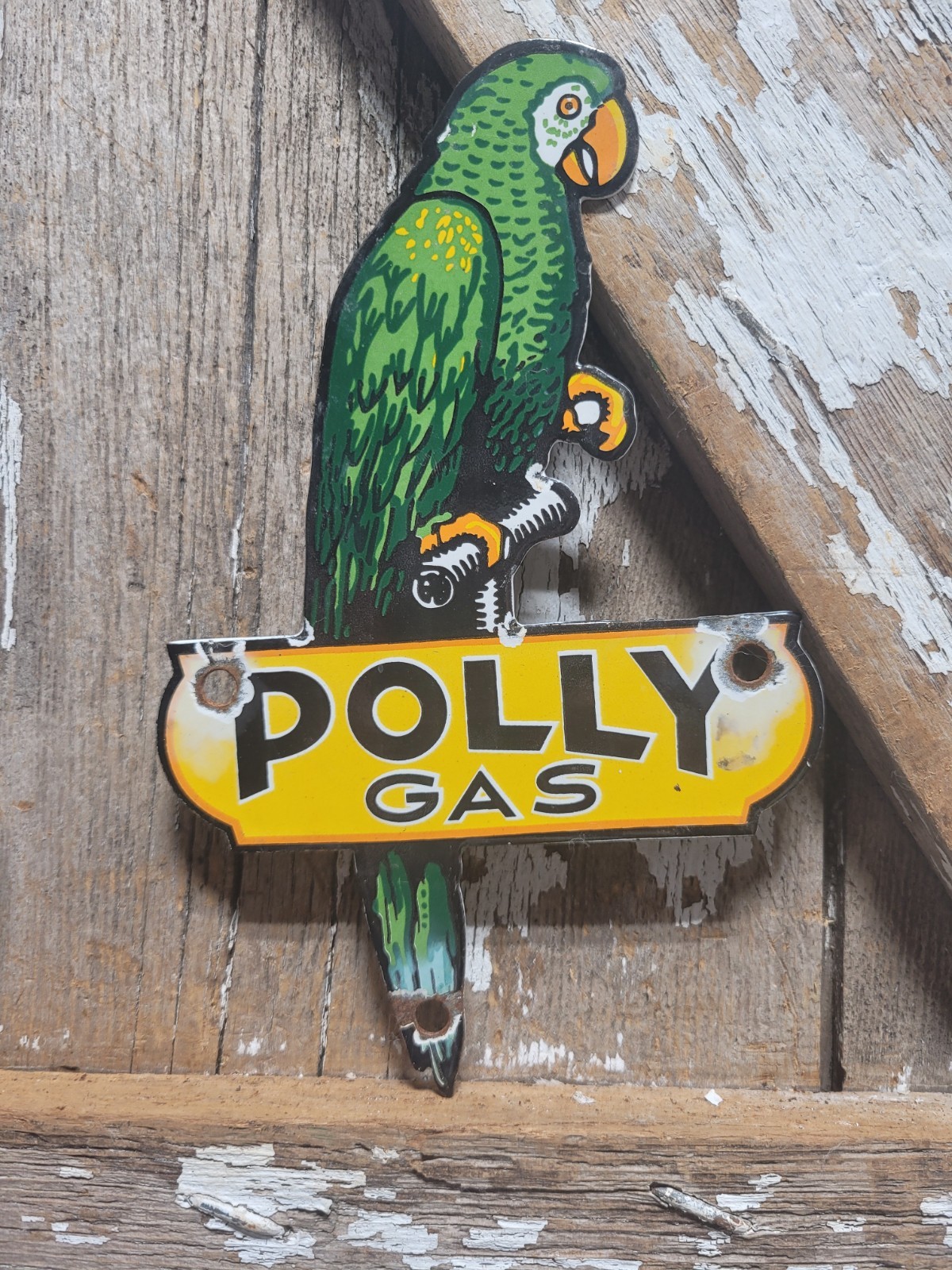 VINTAGE POLLY PORCELAIN SIGN DIECUT MOTOR OIL GAS PARROT SERVICE GAS PUMP PLATE