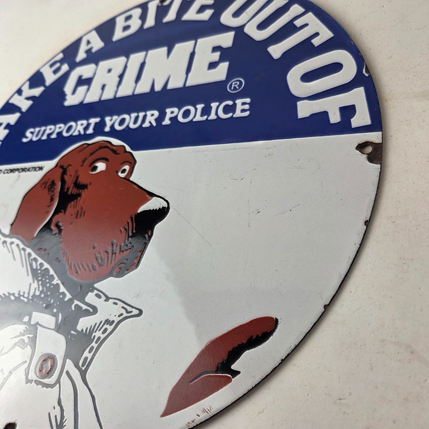Vintage McGruff Crime Dog Sign – Porcelain Support Police Gas Pump Plate Sign