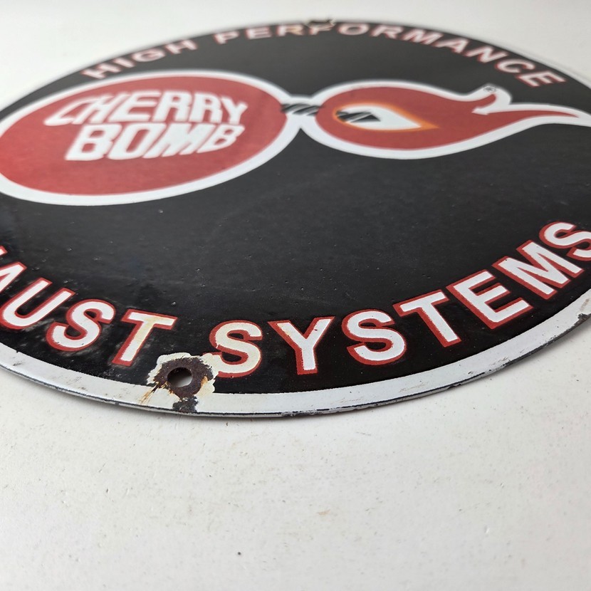Vintage Cherry Bomb Sign – Auto Mechanic Exhaust Gas Pump Hot Rod Porcelain Sign