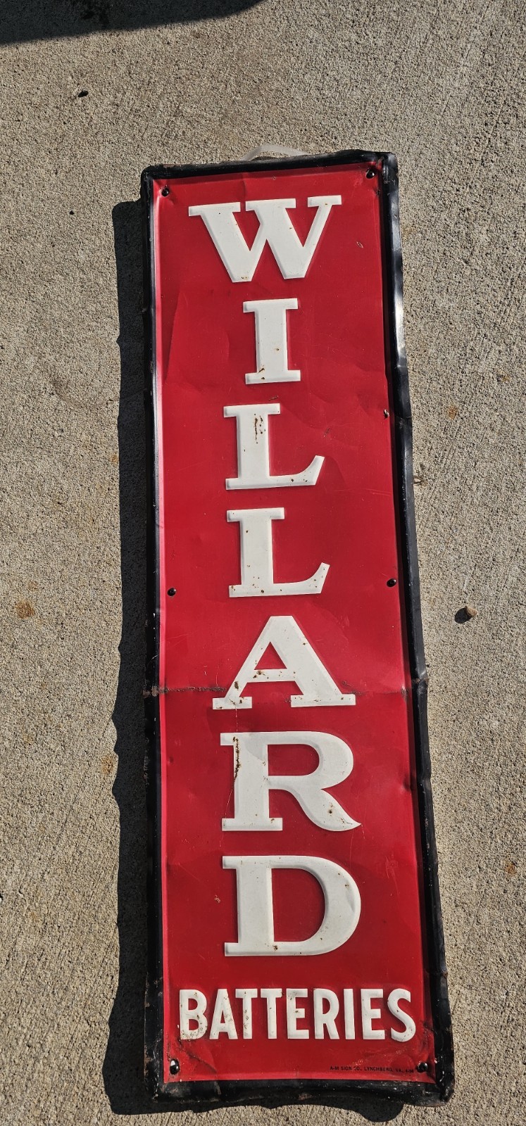 ​Vintage 1956 Willard Batteries Single Sided Tin Sign Embossed AM Gas Oil Pump