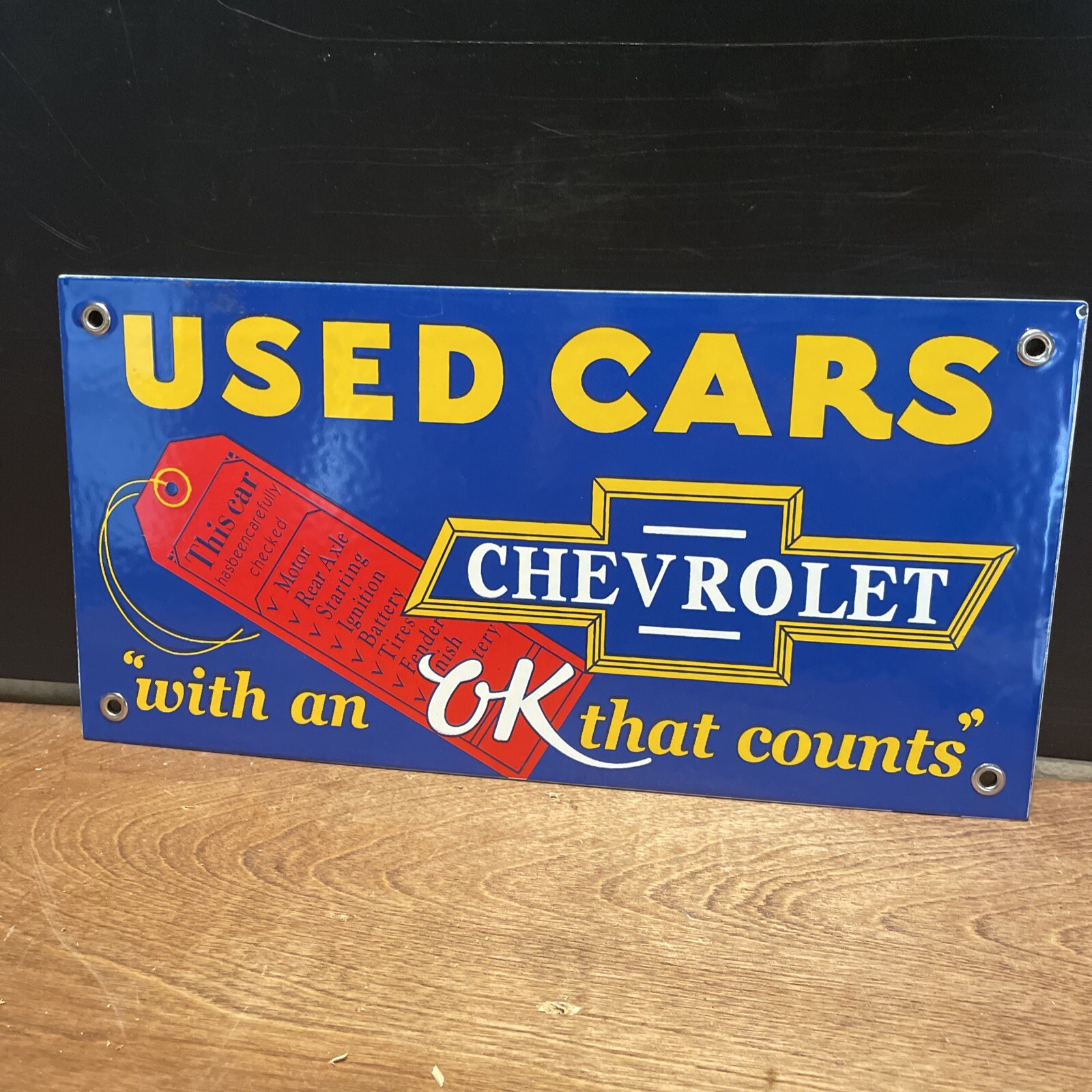 VINTAGE STYLE ”CHEVROLET” OK USED CARS GAS & OIL PORCELAIN SIGN 12X9 INCH