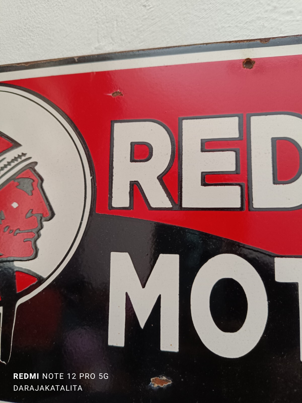 Not Porcelain Red Indian Motor oil Enamel Sign Size 60cm x 21cm Vintage Design