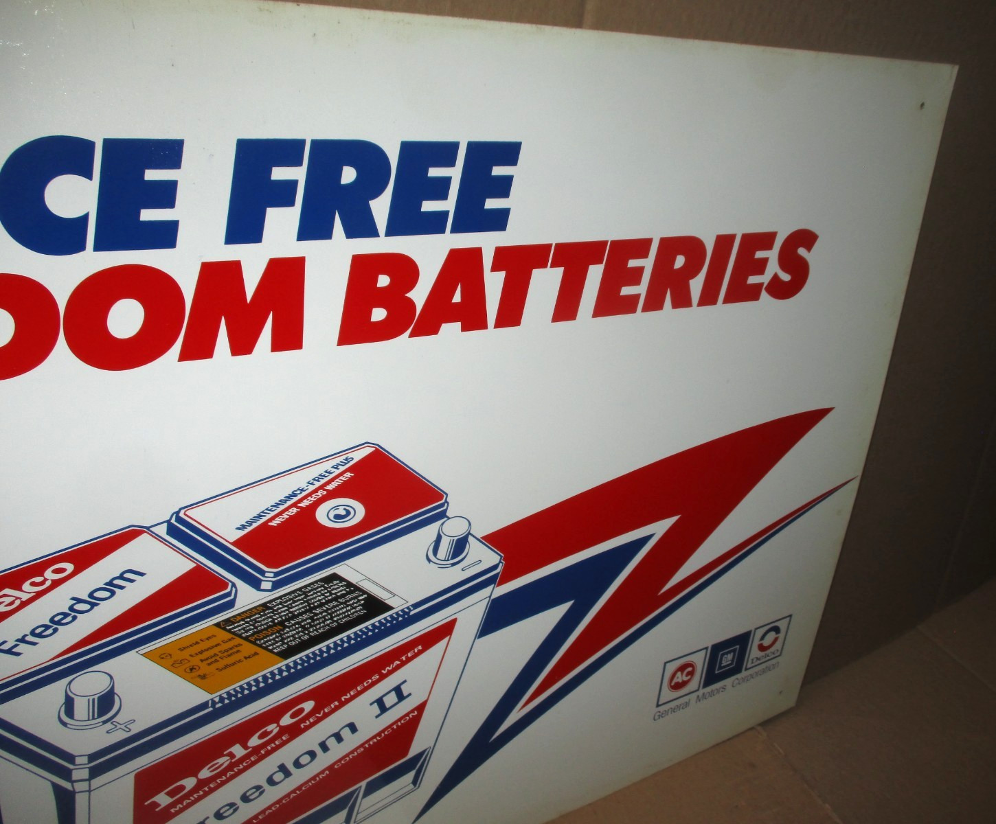 AC DELCO GM -Two Sided- 1970’s Freedom Battery -RED WHITE BLUE- VINTAGE OLD SIGN
