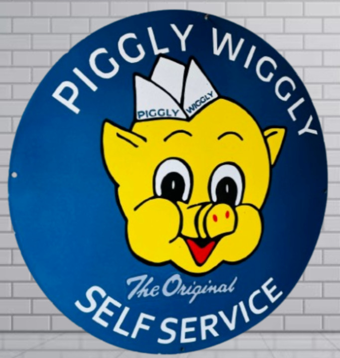 Piggly Wiggly rare Porcelain Enamal Heavy Metal 30 inches Double Side