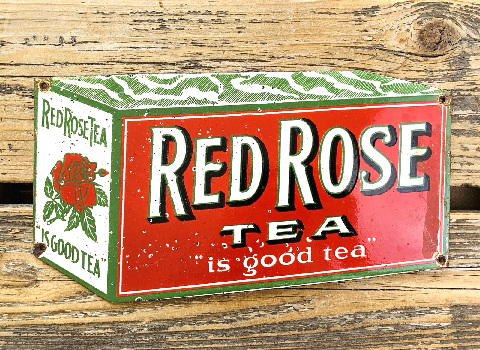 VINTAGE 12×6.5″ RED ROSE TEA PORCELAIN SERVICE PUMP STATION GASOLINE AD OIL SIGN