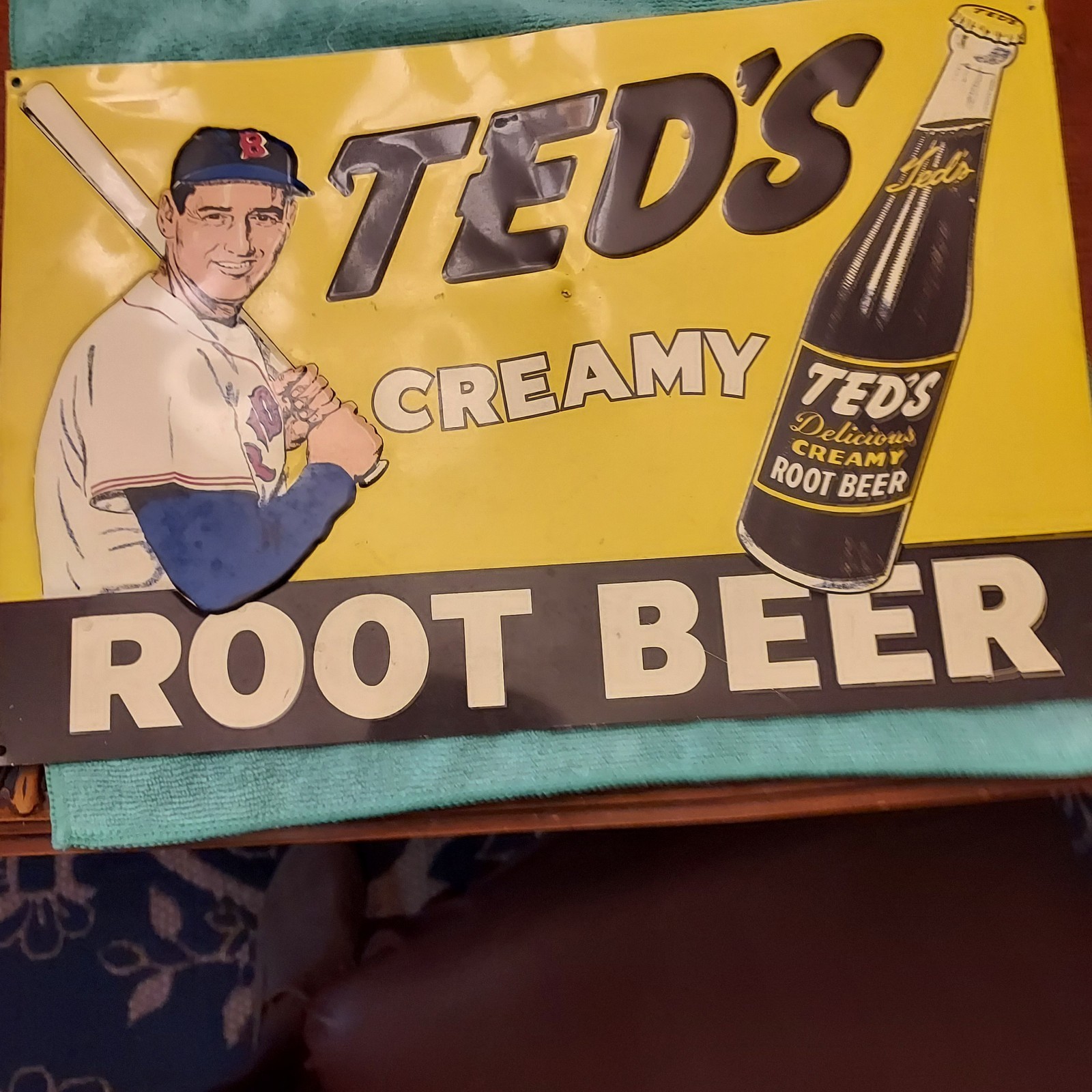 Vintage Sport Ted’s Creamy Root Beer Porcelain Enameled Metal Advertising Sign.