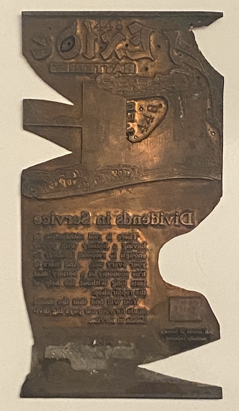 VINTAGE EXIDE BATTERY METAL PRINTING PLATE Dividends In Service