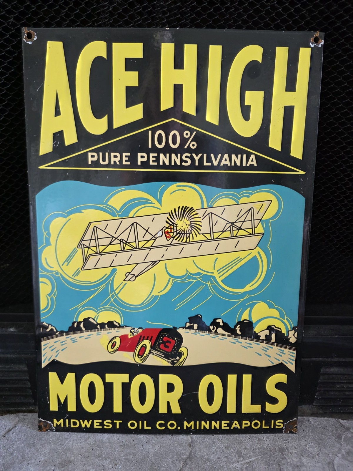 VINTAGE ACE HIGH MOTOR OILS PORCELAIN METAL GASOLINE SIGN MINNEAPOLIS APPX 17×12