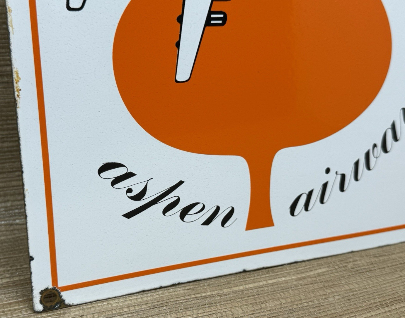 VINTAGE ASPEN AIRWAYS PORCELAIN SIGN GAS OIL AIRLINE AVIATION ORANGE LEAF PLANE
