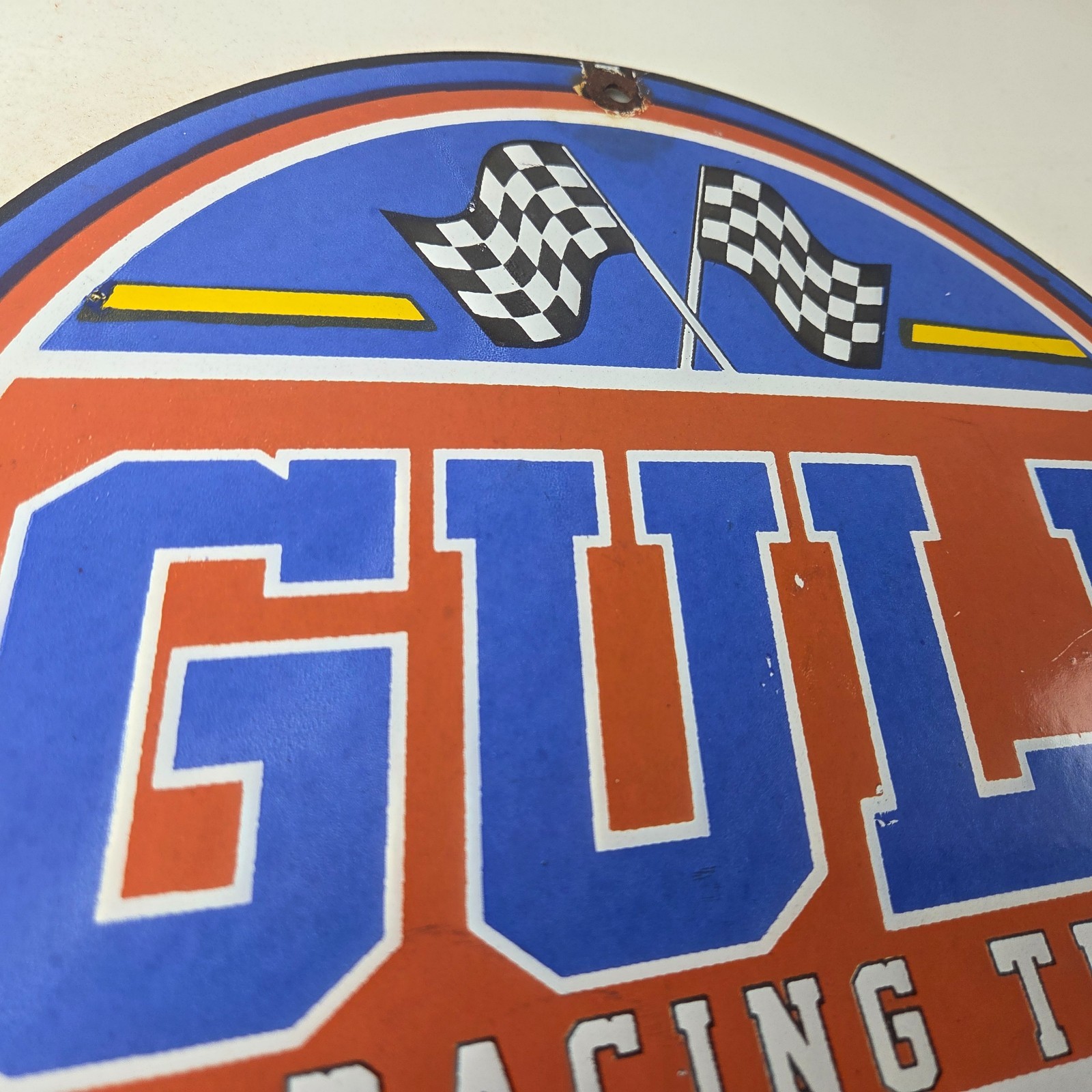 Vintage Gulf Gasoline Sign – Racing Automobile Porcelain Gas Pump Sign