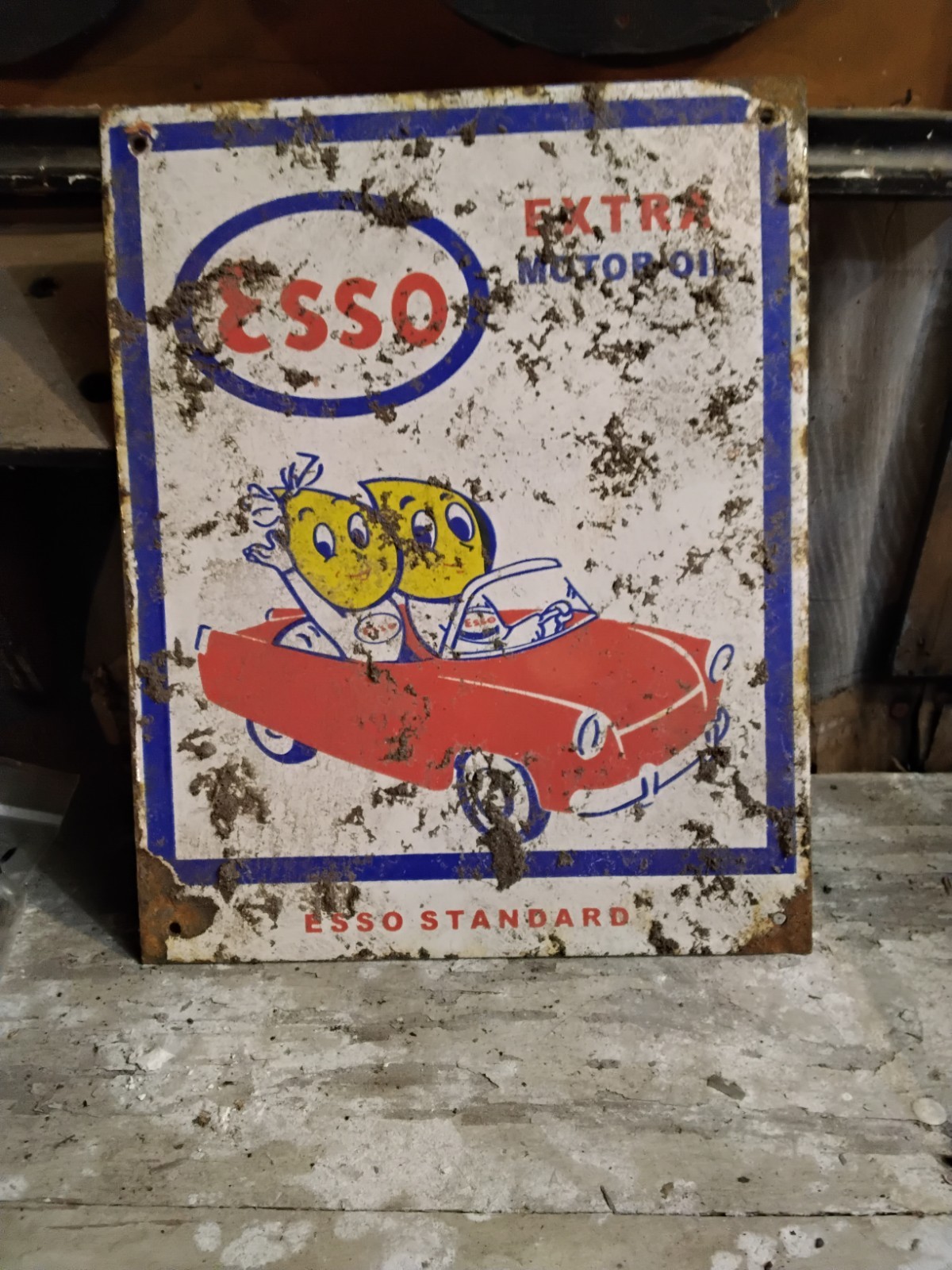 Porcelain Esso Car Drops Logo Sign Approx 10″x8″ Inches Over Steel Used Rust