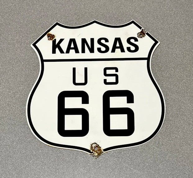 VINTAGE 13” KANSAS ROUTE 66 PORCELAIN SIGN CAR GAS TRUCK