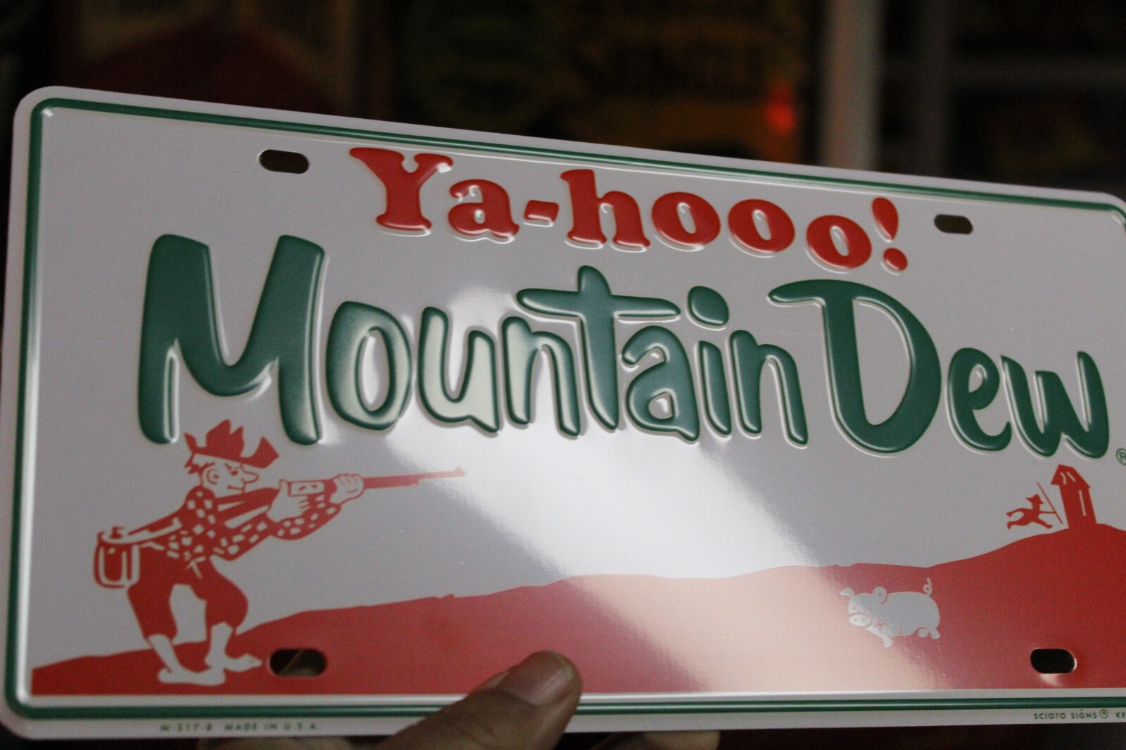 MOUNTAIN DEW SODA POP EMBOSSED METAL SIGN BOTTLE COKE FOUNTAIN GARAGE HILLBILLY