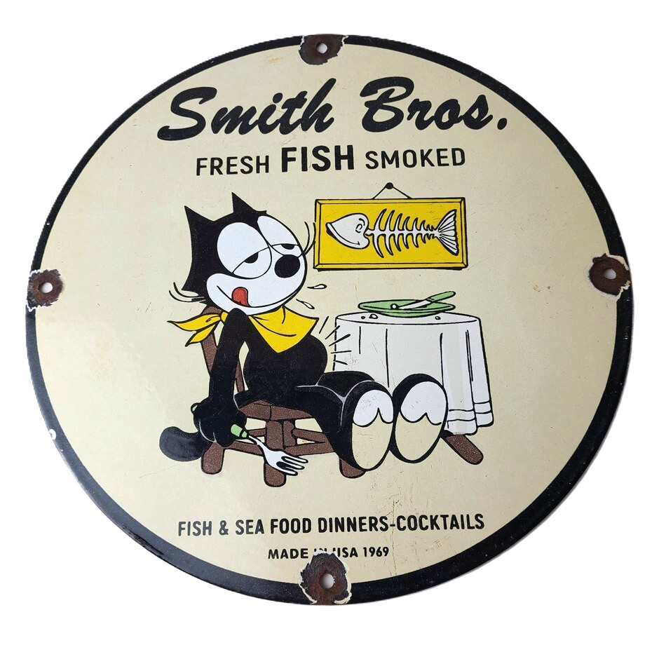 Vintage Smith Bros Sign – Felix the Cat Fresh Fish Meat Porcelain Gas Pump Sign