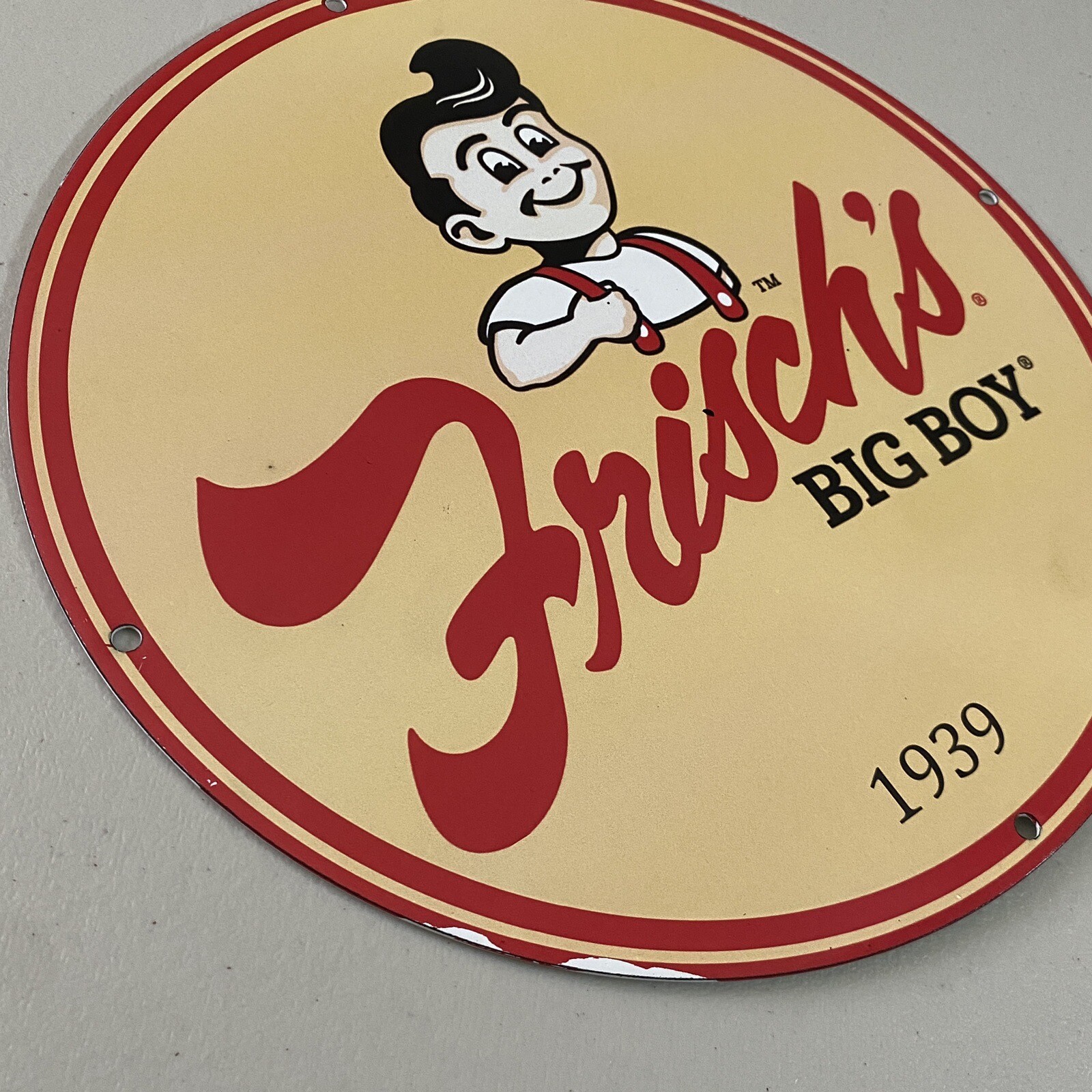 VINTAGE FRISCH’S BIG BOY PORCELAIN GAS OIL DINER BURGER FAST FOOD AD PUMP SIGN