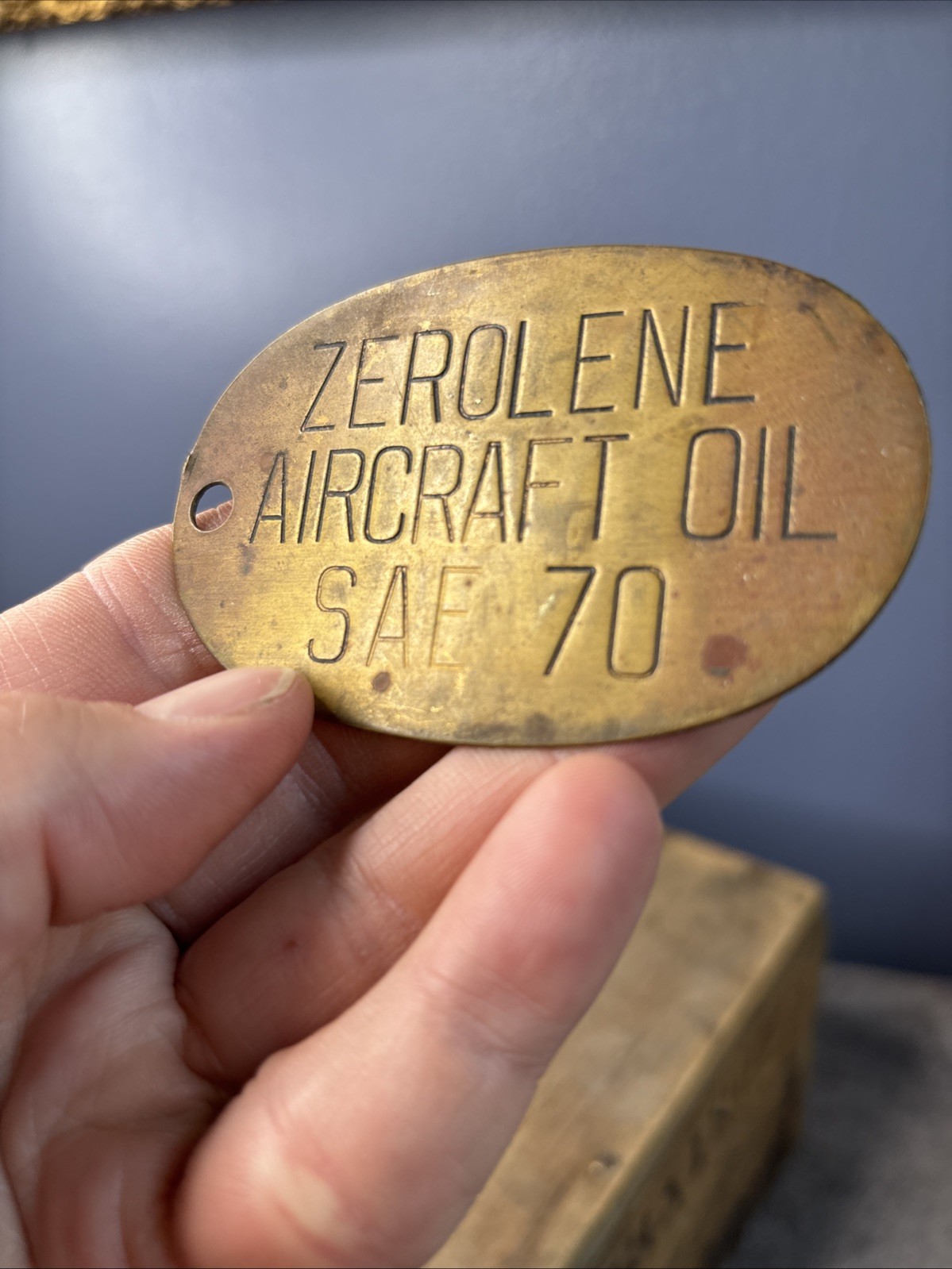 Antique Original Brass Zerolene Aircraft Oil Can Drum Badge Sign Engraved 3.5”