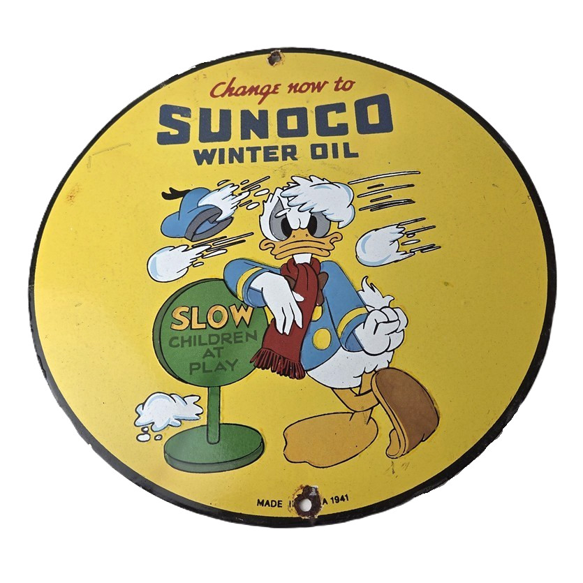Vintage Sunoco Gasoline Porcelain Sign – Comic Book Donald Duck Gas Pump Sign