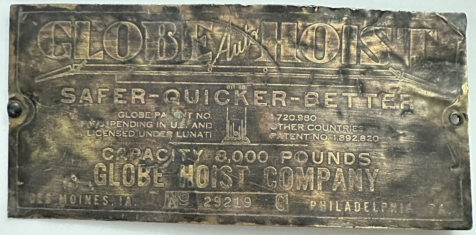 Globe Auto Hoist Company Automobile Auto Garage Gas Station Metal Sign 6″ x 3”