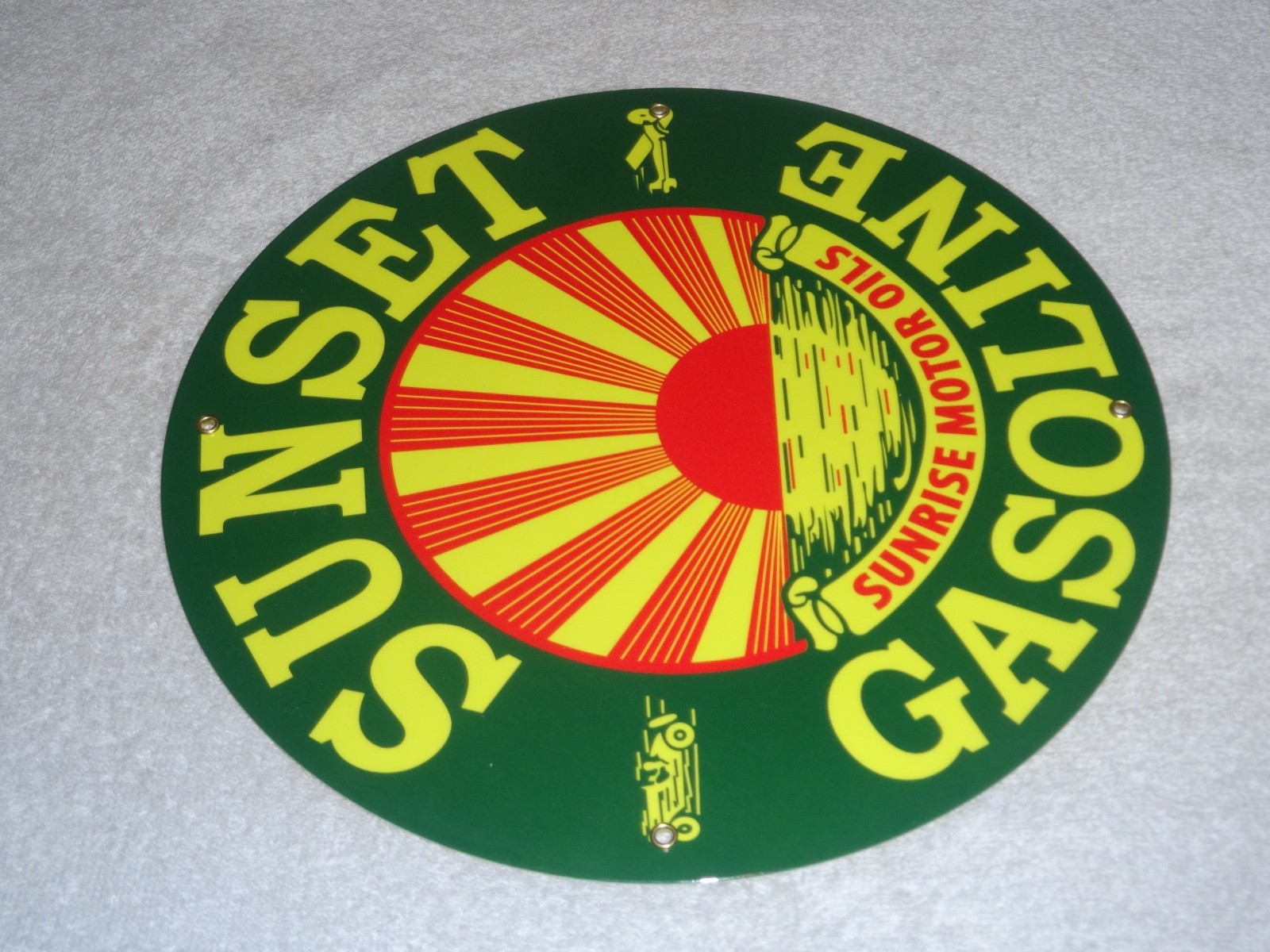 VINTAGE SUNRISE MOTOR OILS SUNSET GASOLINE 11 3/4″ PORCELAIN METAL AIRPLANE SIGN
