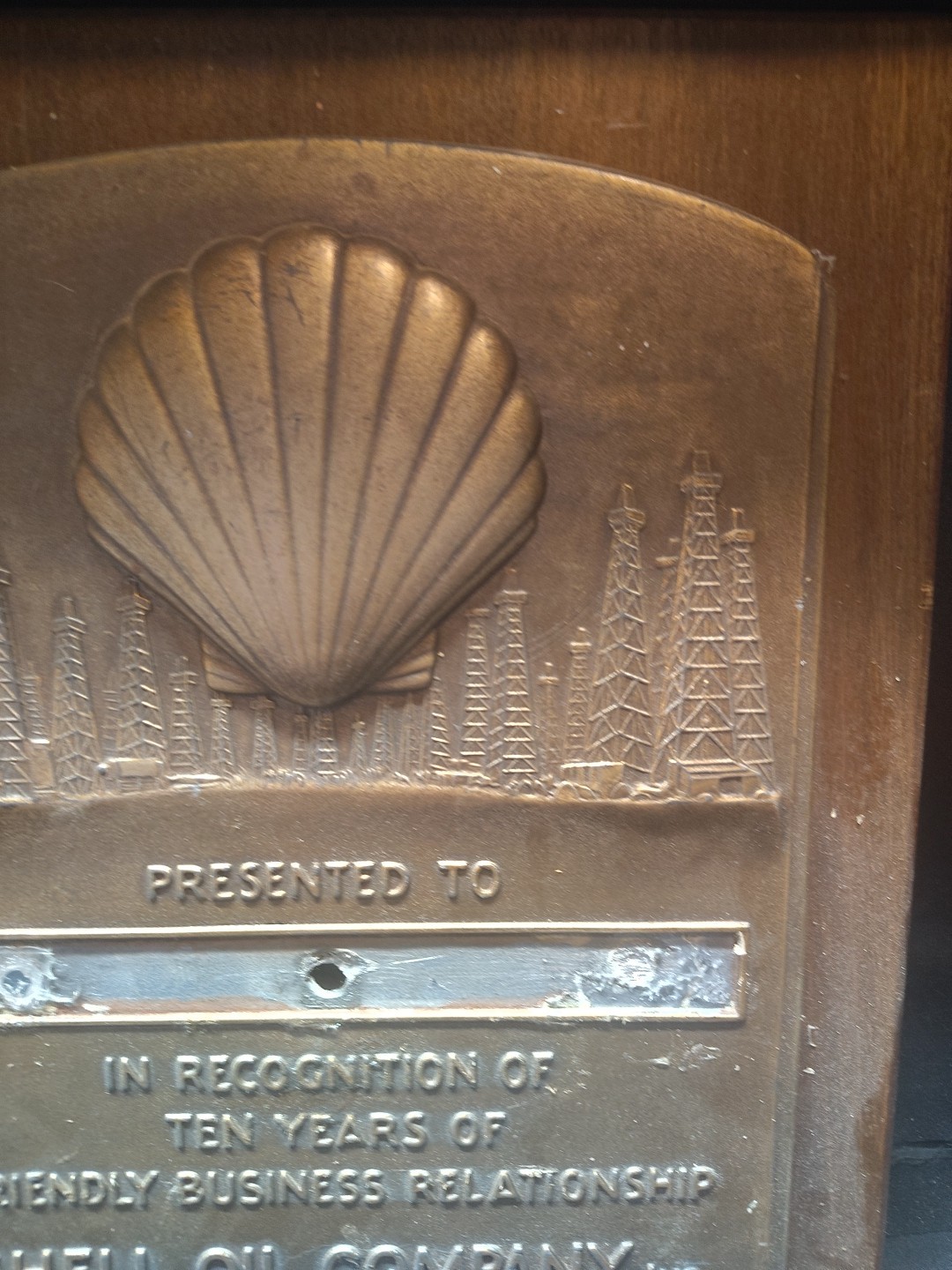 Vintage Shell Gasoline Dealer Award Brass Plaque No Name Badge