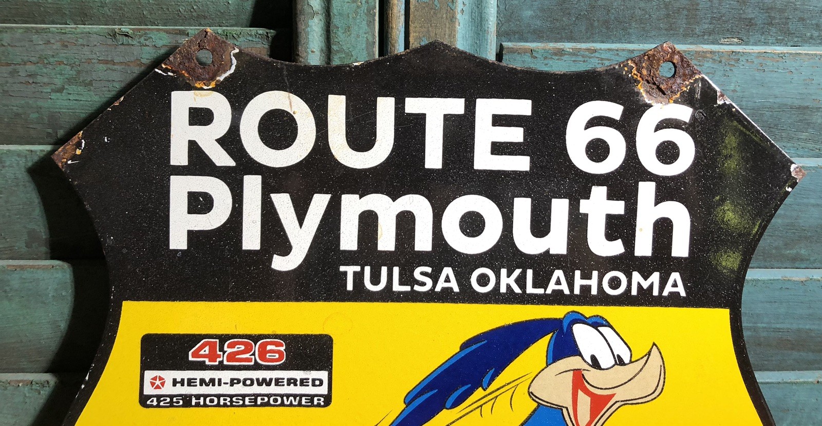 VINTAGE 1968 DATED PLYMOUTH ROADRUNNER 10” PORCELAIN DEALER SERVICE GAS SIGN