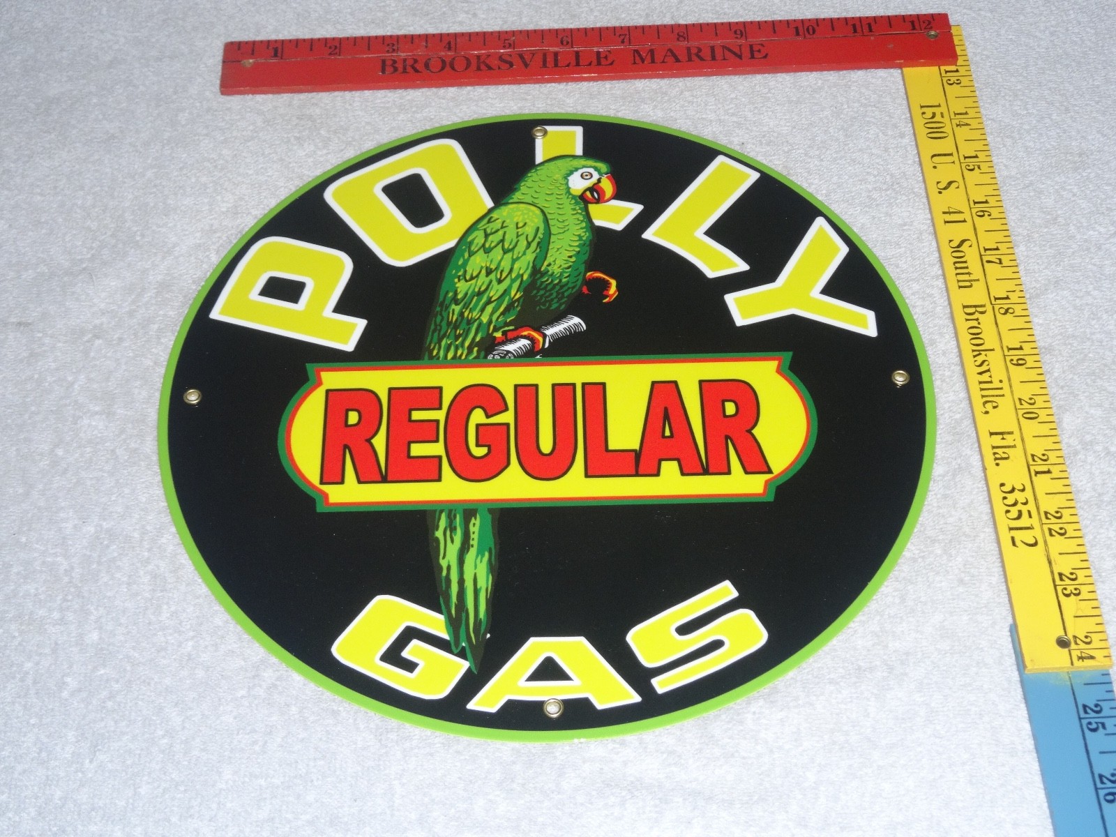 VINTAGE POLLY REGULAR GAS PARROT 🦜 11 3/4″ PORCELAIN METAL GASOLINE & OIL SIGN