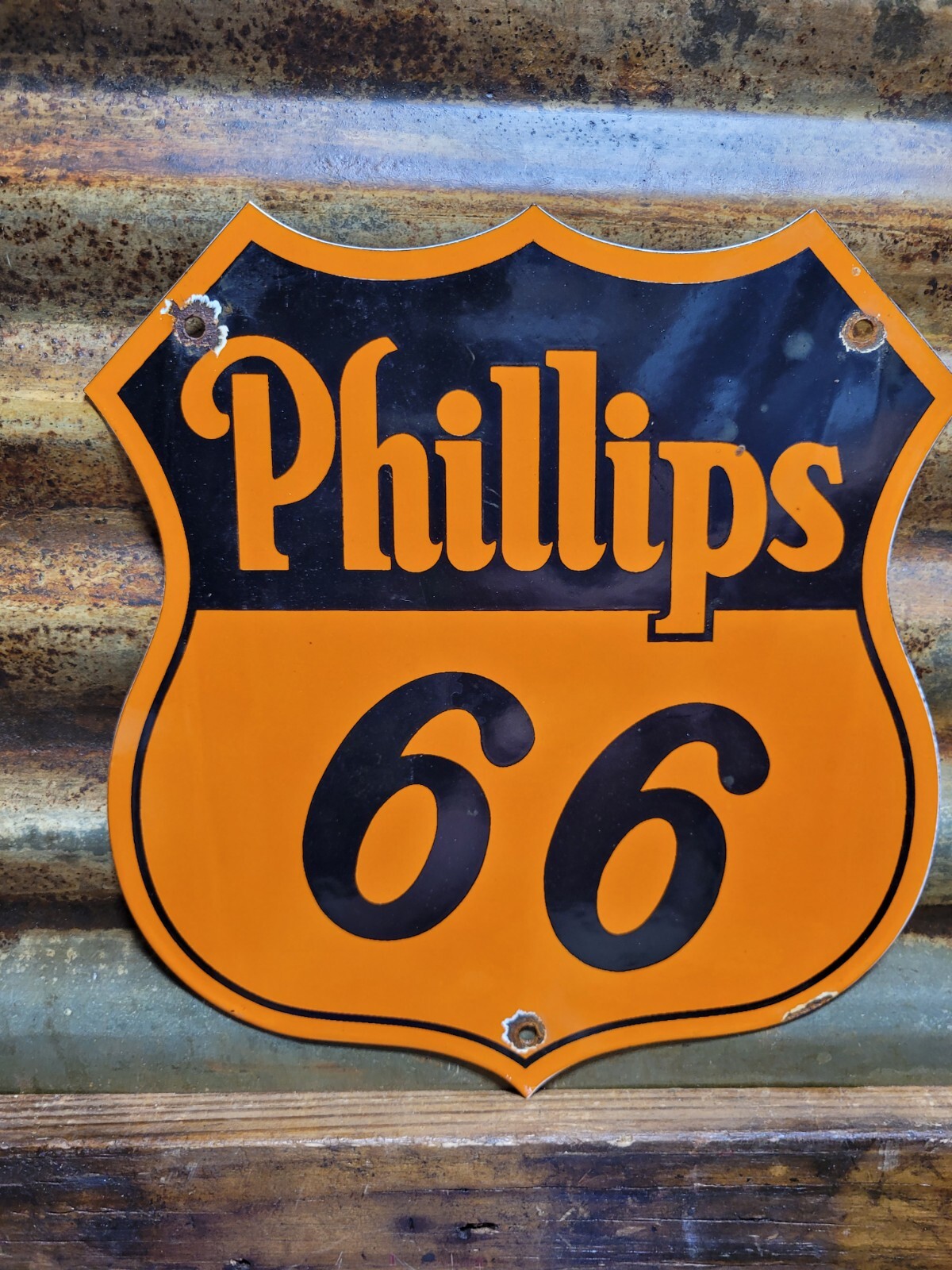 VINTAGE PHILLIPS 66 PORCELAIN SIGN GASOLINE MOTOR OIL HIGHWAY SERVICE SHIELD 12″