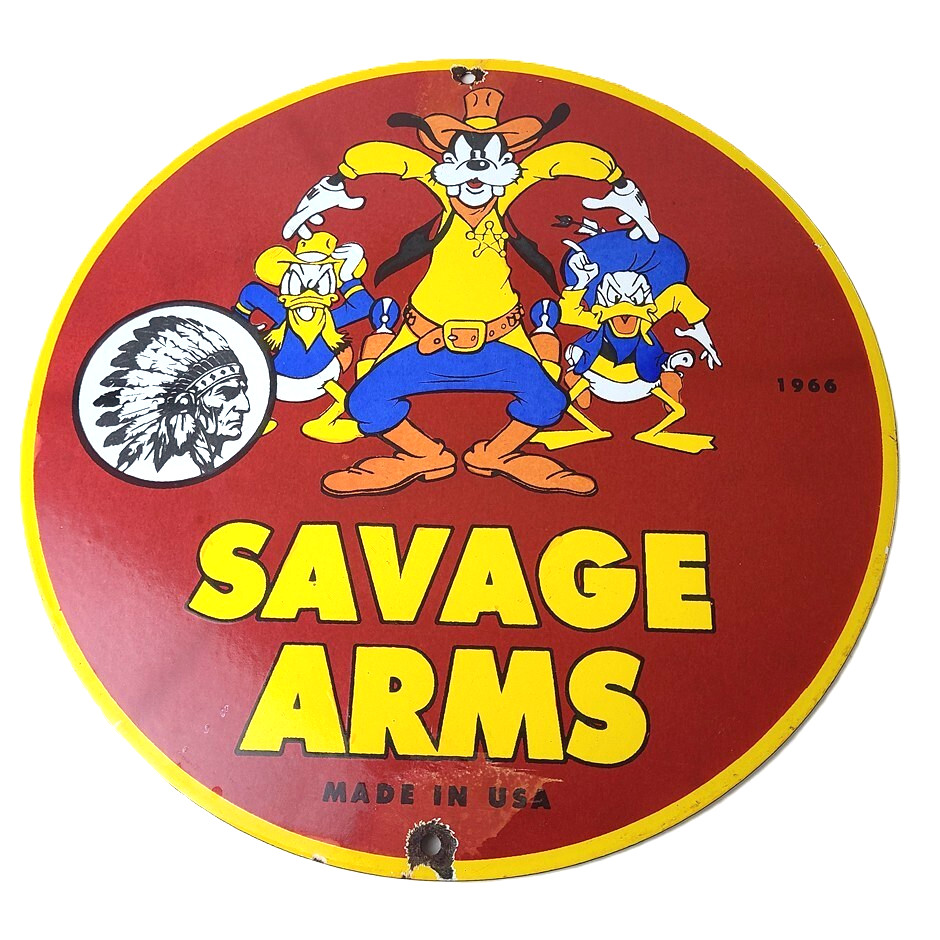 Vintage Savage Arms Sign – Goofy Porcelain Service Gun Ammo Gas Oil Pump Sign