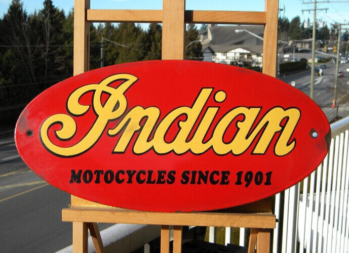 LARGE VINTAGE INDIAN MOTOCYCLES PORCELAIN METAL SIGN 18″x 8-3/4″ SCOUT OIL CHIEF