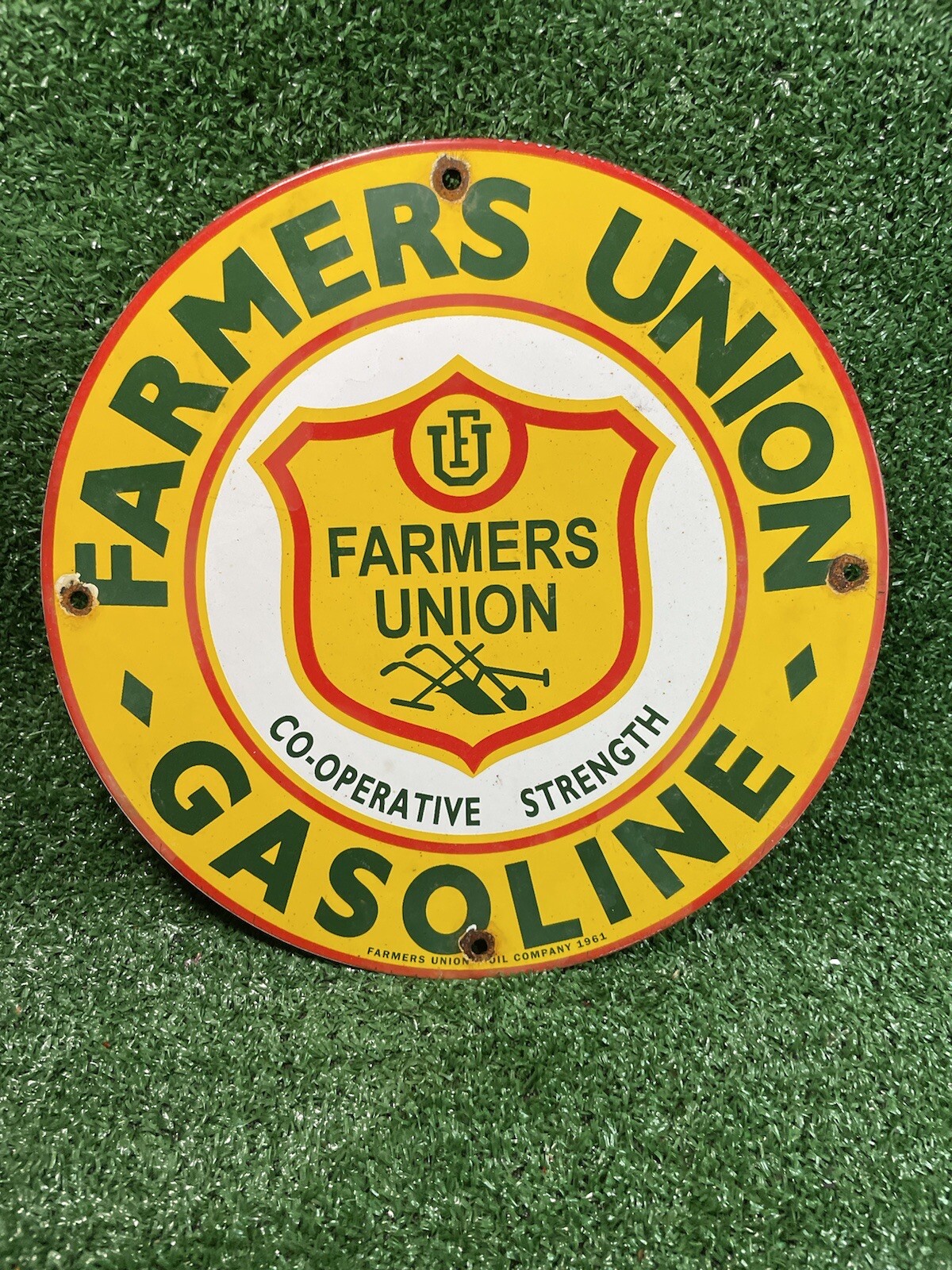 VINTAGE FARMERS UNION OIL CO PORCELAIN SIGN 1961 GAS STATION OIL FARM TRACTOR