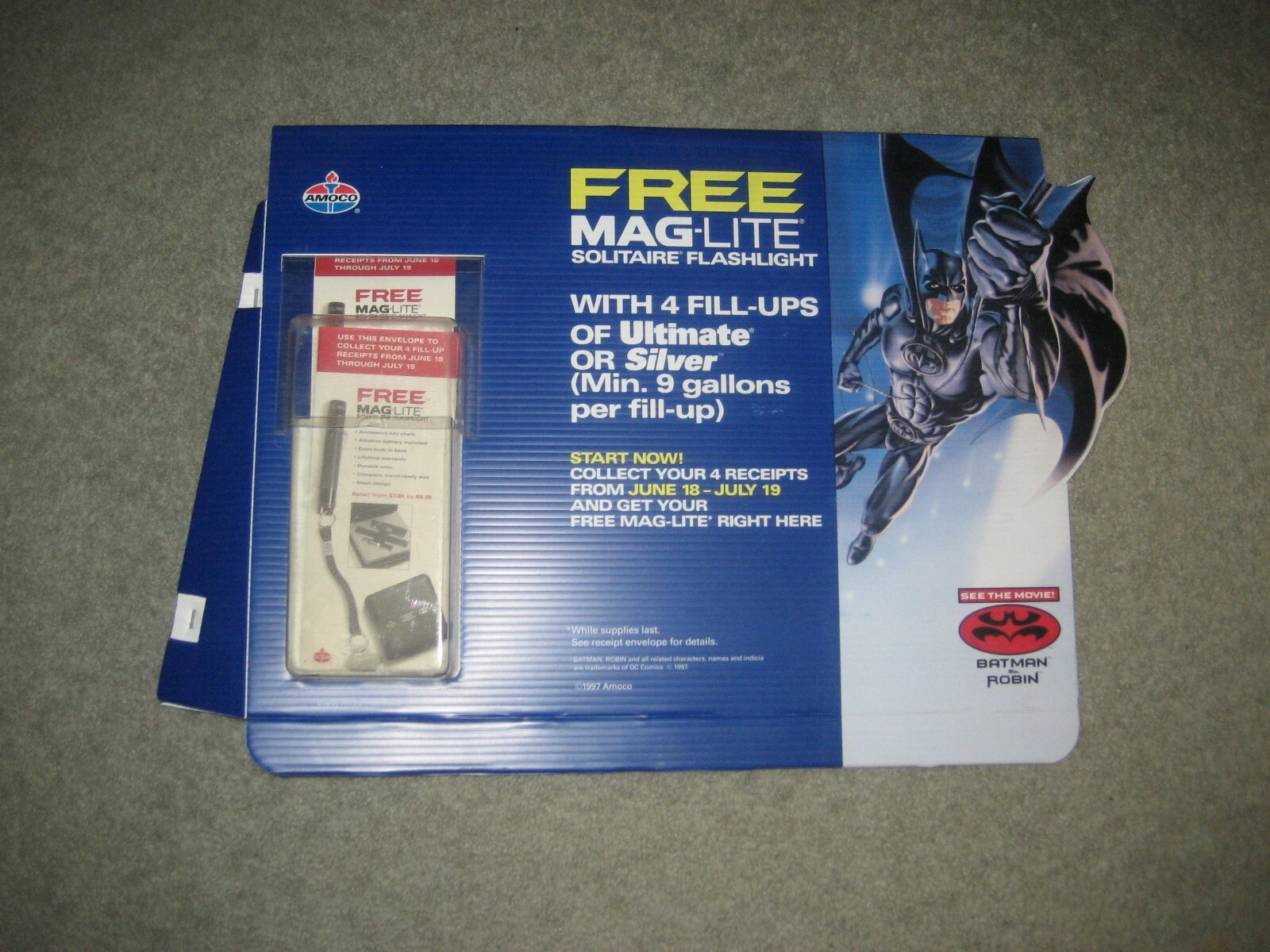 1997 Batman & Robin Movie Amoco Gas Promotional Sign 30″ x 24″ Batman Mag-Lite