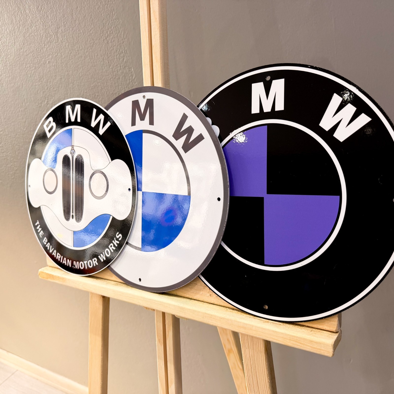 BMW Logo Set (3 PCS) Metal Signs – Classic, Grille & Black Purple – 30 cm (11.8”